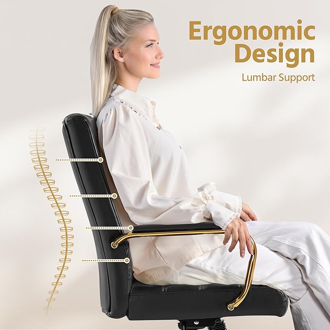 Yaheetech Mid-Back Office Chair PU Leather Desk Chair Adjustable Executive Task Chair w/Lumber Support Gold Leg Black Seat