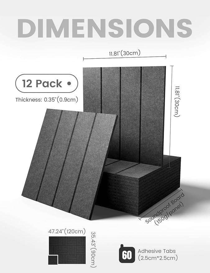 Fluxynara 48" x 36" Large Felt Bulletin Board, Charcoal Gray | 12 Pack Cork Board Alternative with 60 Safe Adhesive Tabs, Pin Boards for Wall Decor, Home, Office, Classroom,Dorm
