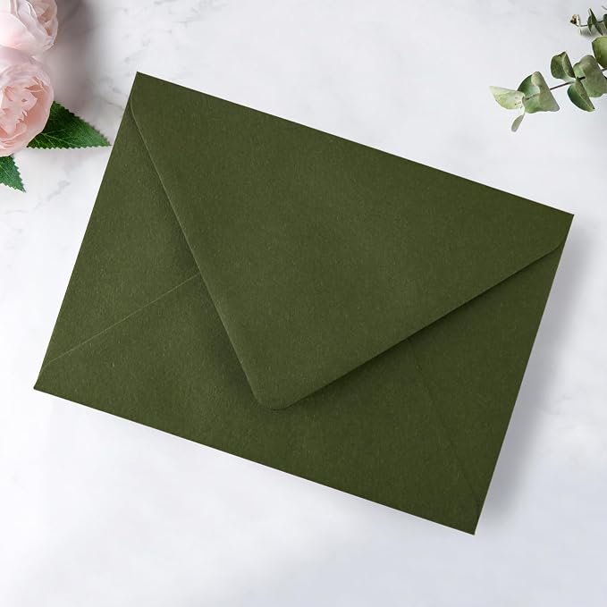 PONATIA 50PCS A7 Euro Flap Envelopes, 5.25 x 7.25'' Envelope for 5x7'' Weddings Invitation Cards, Christmas Gift Cards, Acrylic Invitations, Photos (Olive Green (No Liner))