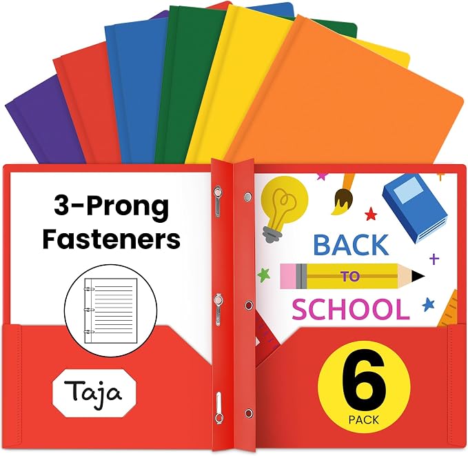 Plastic Folders with Pockets and Prongs (6 Pack, Bright Colors), 2-Pocket Poly Folders with 3 Hole Punch and Business Card Slot, Fits Letter Size Paper, for School, Office, or Home Use