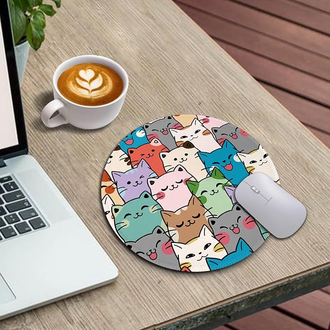 Immaturus Cat Mouse Pad, Cute Small Mousepad for Desk Gaming Work Office | 8.6" x 8.6", Travel, Home Decor Desk Accessories, Round, Non-Slip Base, for Wireless Mouse Laptop Computer, Girls Cat Lover