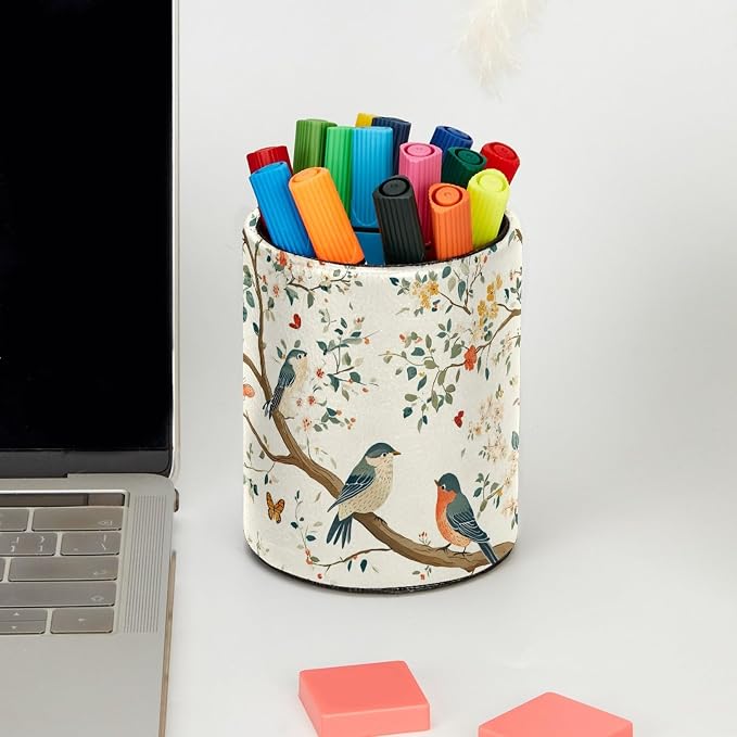 Leather Pen Holder for Desk, Birds Branches Butterflies Pencil Cup Pen Organizer Makeup Brush Holder for Office Home Kids Countertop Desk Accessory Storage