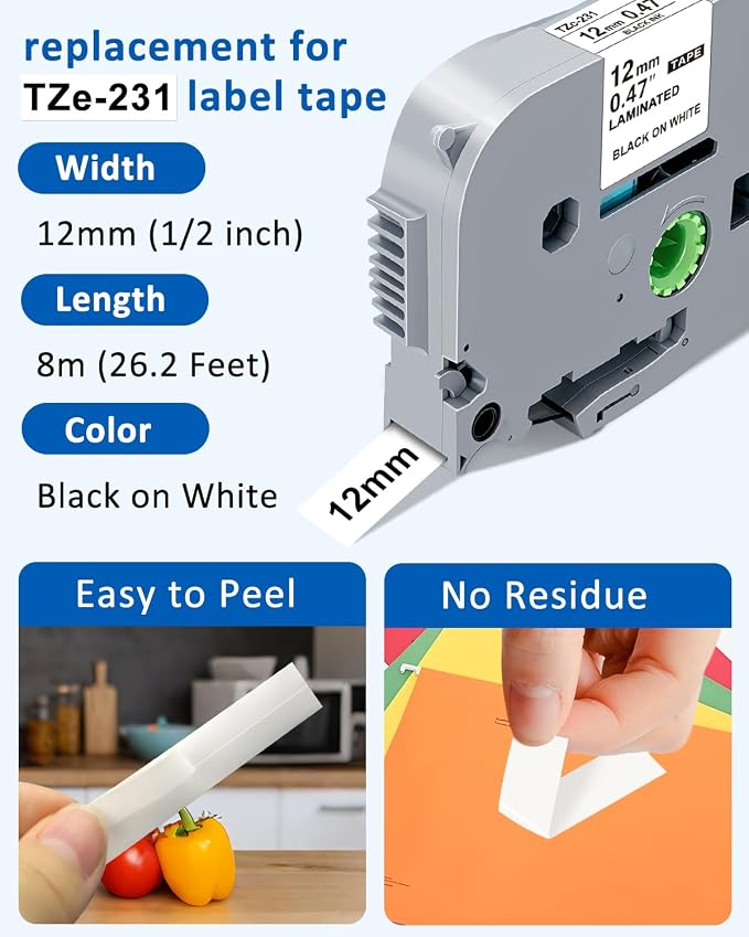 Compatible with Brother TZe TZ Tape 12mm 0.47 Laminated White TZe-231 | P Touch Label Maker Tape TZe231 Refills, Compatible with Brother PT-D210 D220 D400 H110, Black on White, 12mm x 8m, 6-Pack