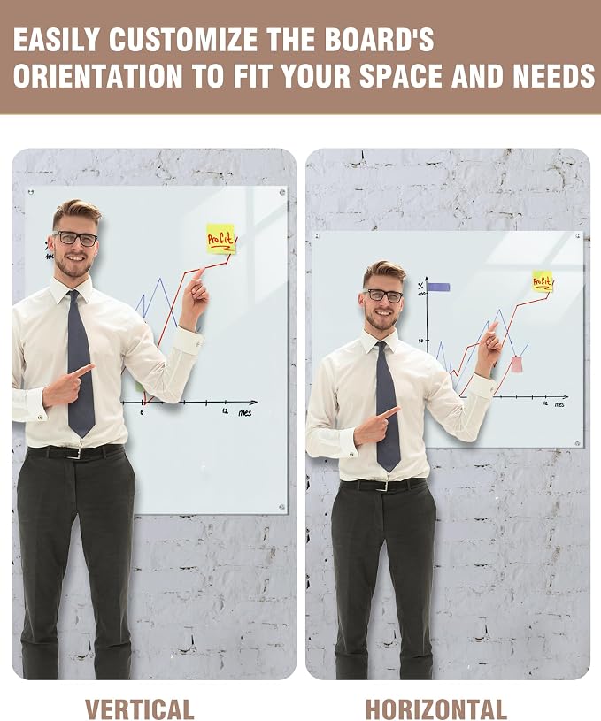Mifuro Magnetic Glass Whiteboard，60"x48" Wall Mounted Frameless Dry Erase Board for Office, Home & School White
