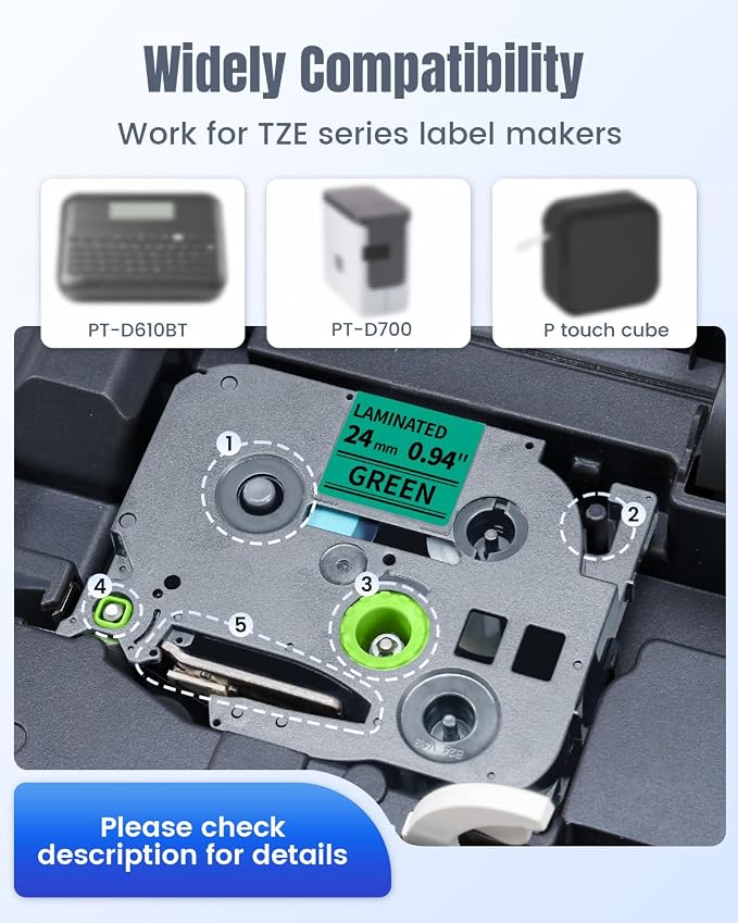 TZ Tape 24mm 0.94 Inch Laminated Green TZe-751 Compatible Brother P-Touch | Label Tape 1” for PT-D610BT P710BT D600 Cube Plus E560BTVP E510VP TZe Label Maker Refill, Black on Green 24 mm, 4-Pack