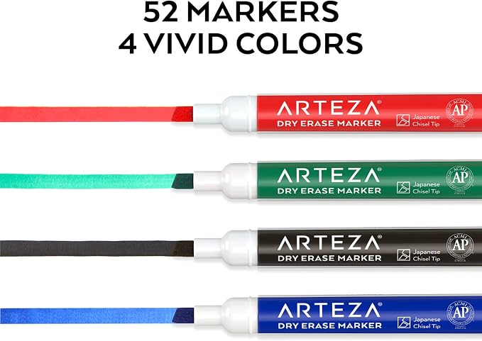 ARTEZA Dry Erase Markers, 52-Pack, Chisel Tip, 4 Assorted Colors, Low-Odor Ink for Whiteboards, Classroom, Office, or Home Use