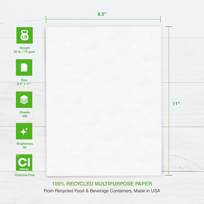 PrintWorks 100% Recycled Printer Paper 8.5" x 11" White - 20 lb Copy & Multipurpose Computer Paper - 8 Packs, 3200 Sheets - Made in the USA - 92 Bright - Printer & Copier Compatible (00018-8)