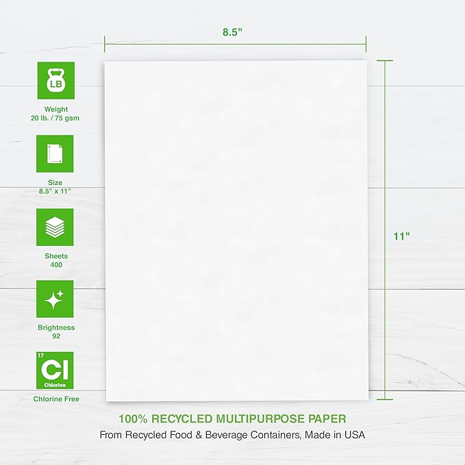PrintWorks 100% Recycled Printer Paper 8.5" x 11" White - 20 lb Copy & Multipurpose Computer Paper - 1 Pack, 400 Sheets - Made in the USA - 92 Bright - Printer & Copier Compatible (00018)