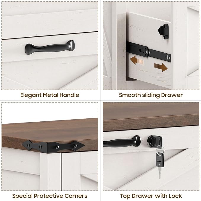 Halitaa Farmhouse Lateral File Cabinet with 2 Drawers, White and Brown | Lateral Filing Cabinet with Lock for Letter/A4/Legal Size, Large Wood File Storage Cabinet Printer Stand for Home Office