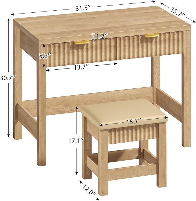 32 Inch Small Fluted Computer Desk with 2 Drawers & Stool for Bedroom | Small Wooden Computer Desk with Storage, Compact Writing Study Vanity Desk with Stool for Small Spaces, Oak