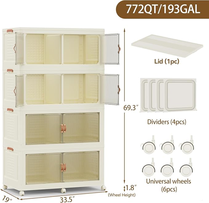 SAILUN 760Qt Stackable Storage Bins,Storage Cabinet with a Lid,4 Pack Cream | Stackable Storage Drawers with Lids,33.5" W x 19" D x 69" H,Featuring open-front Access for Clothes and Closet Storage