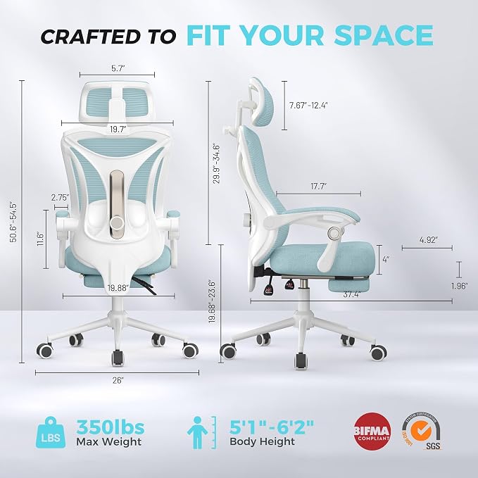 CYKOV Ergonomic Office Chair, Reclining, Footrest, Adjustable Lumbar, 350LB | 4-Way Headrest (4.72" + 60°), 2-Way Lumbar (2" + 1.18"), 90-135° Recline, Breathable Mesh, Gaming & Office, 5-Year Warranty