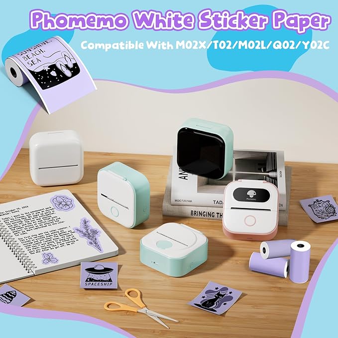 Phomemo Purple Self-Adhesive Thermal Paper, Glossy Printable Sticker Paper for Phomemo T02/T02Pro/Q02E/M02X/Y02C/Q02 Mini Sticker Printer, 50mm x 3.5m, Diameter 28mm, 3-Rolls, Image Time 20 Years