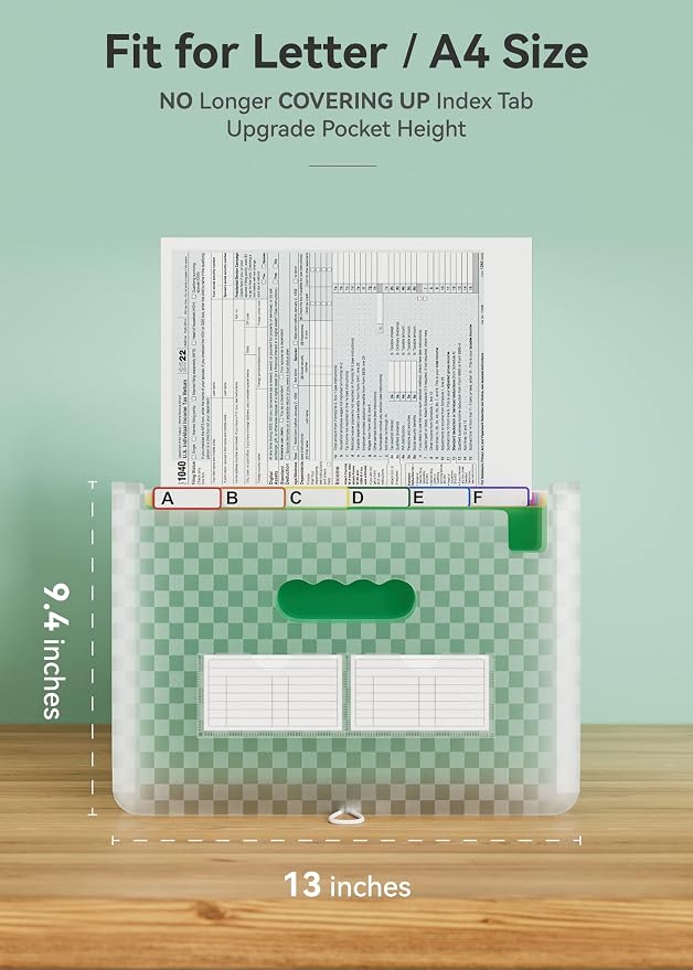 ABC life 26 Pockets Accordion File Organizer, Expanding File Folder, Green | Monthly Bill & Receipt Holder with Colored A-Z Tabs, Portable Folder Organizer for Home Office School, Fits Letter/A4 Size