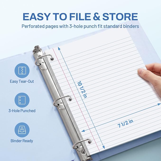 SUNEE Spiral Notebook, 1-Subject, Wide Ruled Paper, 8" x 10-1/2", 100 Sheets per Notebook, 3-Hole Punched Paper, Water Resistant Cover, Double-sided Pockets, Grey Blue