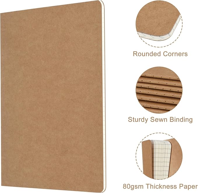ZCZN 8 Pack A5 Kraft Notebooks Bulk, 8.15x5.5 Inches Graph Paper Journaling Notebooks, Notebooks for Work, Composition Notebooks for School, Journal Notebooks for Office, 60 Pages