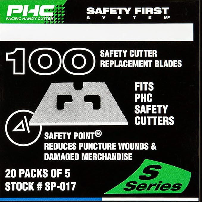 Pacific Handy Cutter SP017 Safety Point Blade for phc Safety Cutters, Pack of 100, Sharp Edge, Point Razor Blades for Injury Reduction, Cuts Boxes, Cardboard, Tape, Plastic Straps, and More