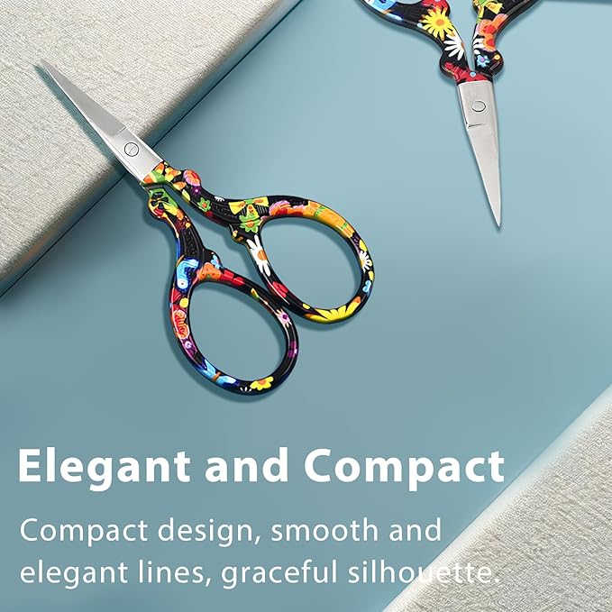 Sharp Embroidery and Crafting Scissors with Leather Cover, 3.62 inch Stainless Steel Stork Shaped Scissors for Needlework and DIY Crafts, Black Flower, J5064