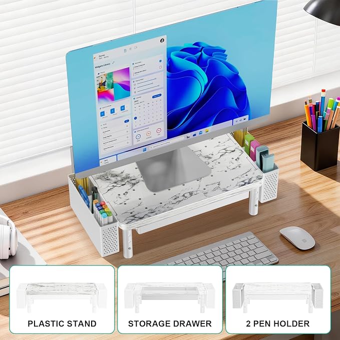 WALI Computer Monitor Stand with Storage and Pen Holder | 3 Height Adjustable Desk Organizer with Drawer, Desk Laptop Monitor Riser for Computer, Printer(PTT003-M), 1 Pack, Marble