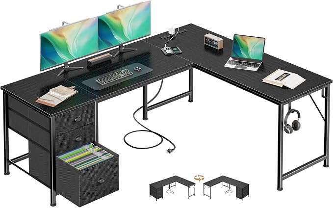Furologee 63" L Shaped Desk with Power Outlets & USB-C Port, Reversible Corner Computer Desk with 3 Fabric Drawers, Hooks, Home Office Desk for Gaming, Writing, Work, Black
