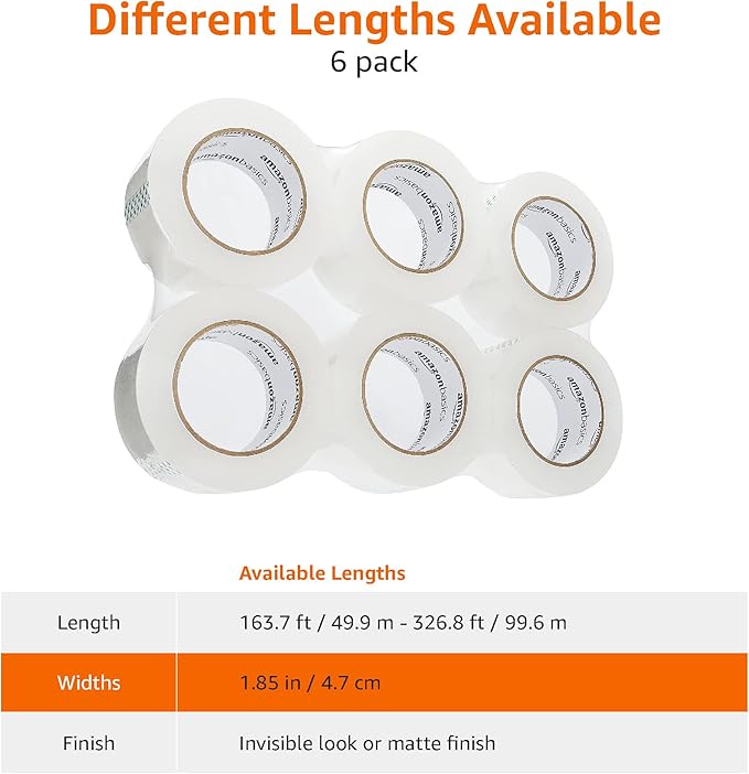 Amazon Basics Strong Adhesive Packing Tape for Moving Boxes, Shipping and Sealing, Clear, 1.88" x 109 Yards, 6-Pack, Total 654 Yards