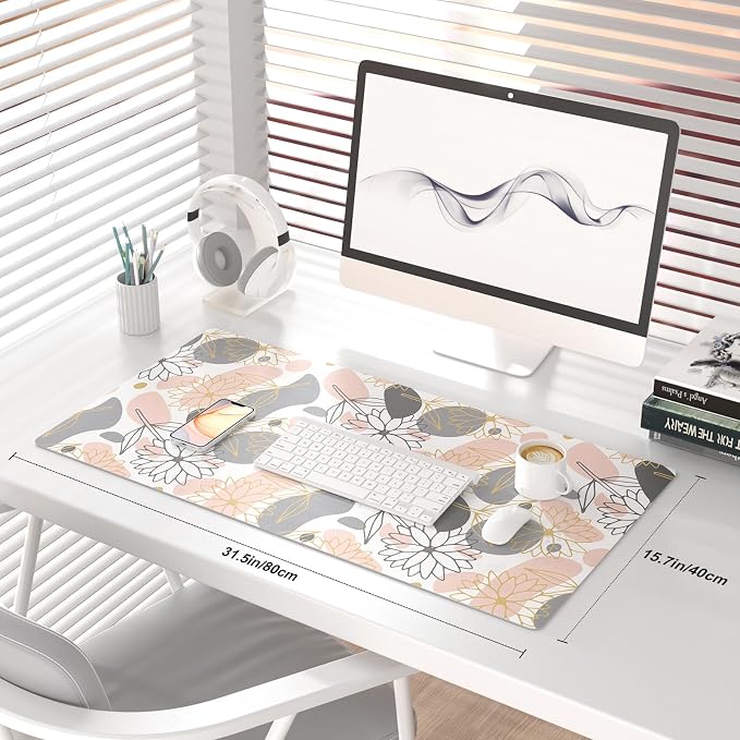 QIYI PU Leather Large Mouse Pad, Waterproof Desk Mat, 31.5" x 15.7", Petals | Extended Size Gaming Mousepad, Faux Leather Desk Pad, Desktop Writing Pads for School Office Home, Line Art Flowers