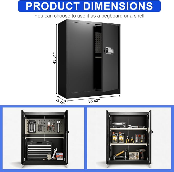 Marcree Digital Storage Cabinet, Metal Storage Locker with Dual Alarm System, Black File Storage Cabinet with Door and Adjustable Shelves for Home Office, Pegboard, Hooks, 43.3" H *35.43" W *15.75" D