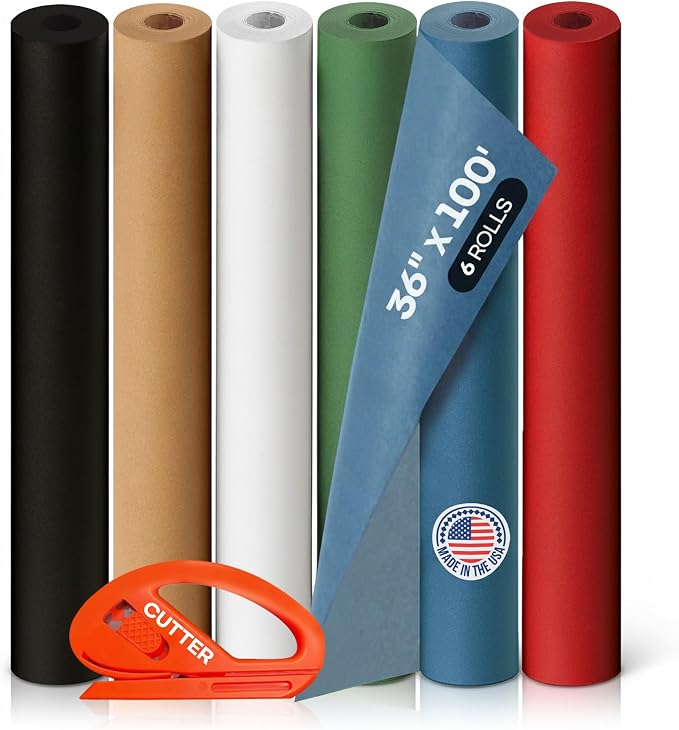 Assorted Colors Kraft Paper with Cutter, Set of 6 Rolls 36" x 1200"(100 ft) | USA-Made Natural Multi-Color Paper for Gift Wrapping, Kids' Arts & Crafts, School & DIY Projects by IDL Packaging