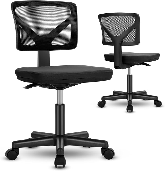 DUMOS Armless Desk Chairs, 2 Pack, Small Home Office Mesh Chairs | Ergonomic Adjustable Mid Back, Swivel Rolling Task, Computer Work Vanity Small Spaces, Black