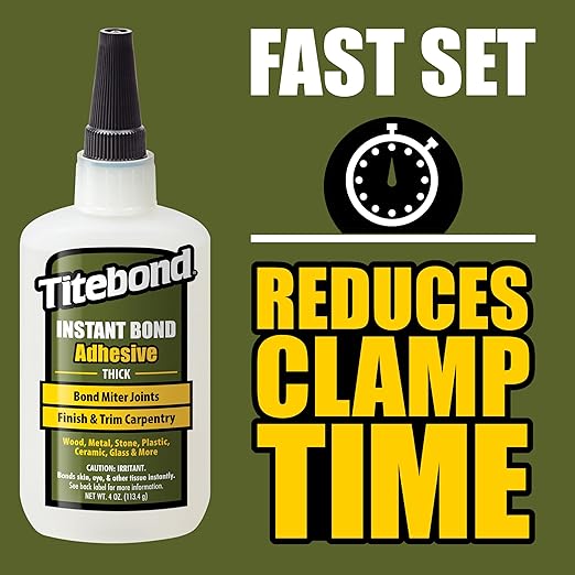 Titebond Instant Bond Thick CA Super Glue – Fast-Setting Ethyl Cyanoacrylate Adhesive for Wood, Miter Joints, Jigs, Fixtures & End-Grain, 8-10 Second Set – 4 Oz. 6222
