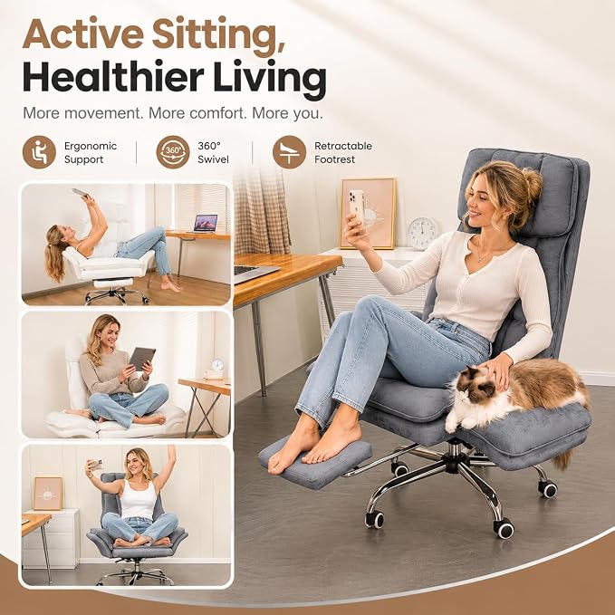 Big and Tall Office Chair with Footrest & Flip Armrests | Teddy Fleece Ergonomic Desk Chair, for Pets & Cross-Legged Sitting, Wide Seat Reclining Executive Computer Chair, Pink