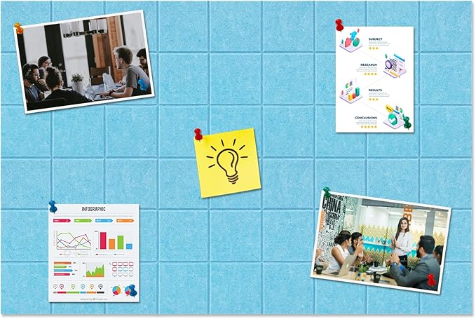 Large Square Felt Cork Board Tiles, Self Adhesive DIY Felt Bulletin Board Pin Board with 35 Pushpins for Office School Home Wall Decor Stickers Memos Photos Display (Sky Blue)