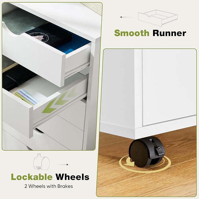 Sweetcrispy 5 Drawer Wooden Dresser, Storage Cabinets, Room Organization | Mobile Rolling Wheels, Vertical Organizer Chest, Home Office Bedroom Furniture, White Wood