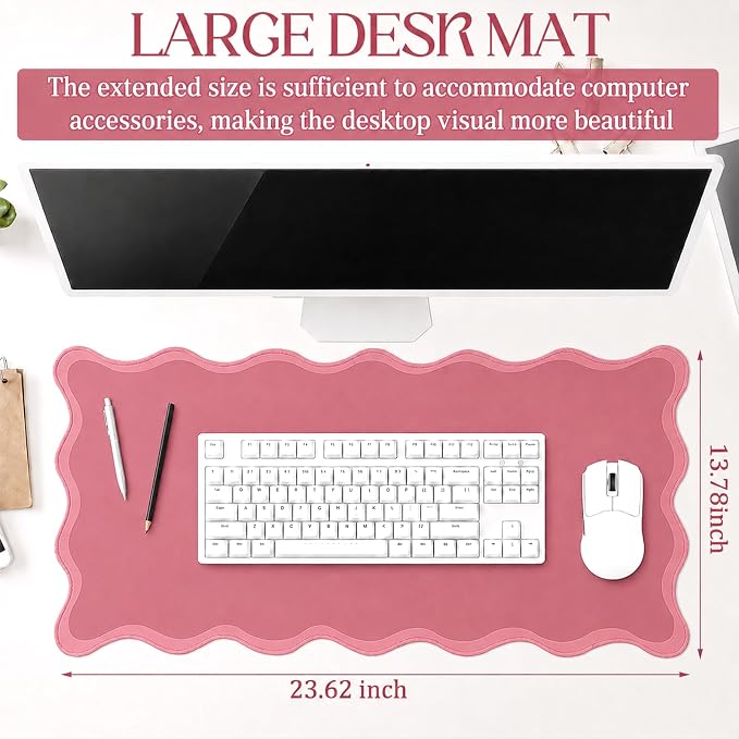 Hahafelt Scalloped Desk Mat Waterproof,Dark Pink,31.5 X 15.8 Inches | Coquette Preppy Style for School Office Makeup Vanity, Nonslip Gaming Desktop Protector with Scalloped Stitched Edge Mat