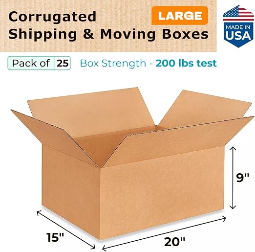 IDL Packaging Medium Corrugated Shipping Boxes 20"L x 15"W x 9"H (Pack of 25) - Prime Choice of Strong Packing Boxes for USPS, UPS, FedEx Shipping - Easy-to-Recycle Cardboard Boxes for Packaging | Extra Strength 200 lb vs Regular - Corrugated Durable P...