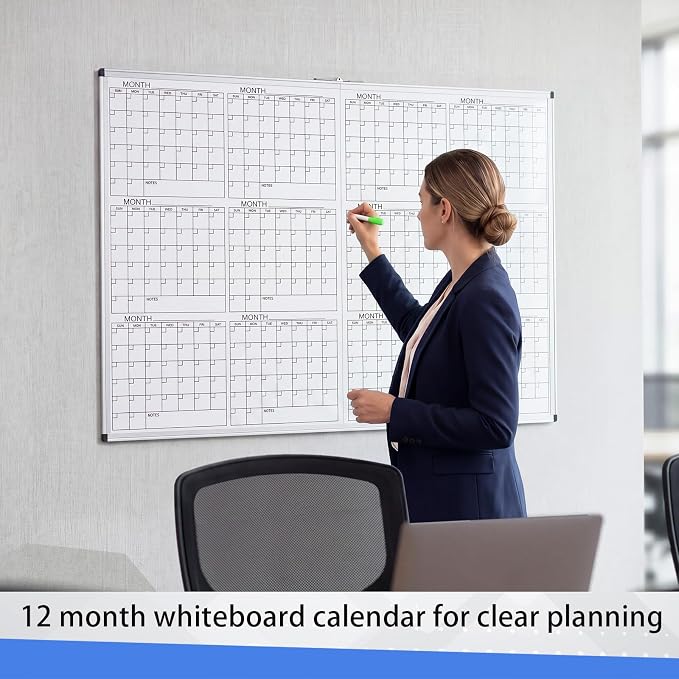 Large 48" x 36" Magnetic 12 Month Dry Erase Calendar White Board Foldable Whiteboard Calendar for Wall Mounted 2 in 1 Double Side Whiteboard with Dry Erase Board for Wall Office Home