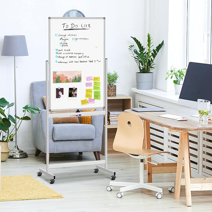 Rolling Whiteboard on Wheels 40" x 24" Aluminum Frame | Magnetic Mobile White Board, Double Sided Dry Erase Easel with Stand. Ideal for Home School, Office and Classroom