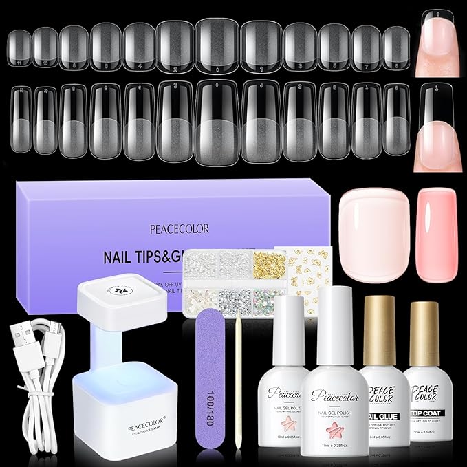 PEACECOLOR Square Gel Nail Kit, 240pc Short Medium False Nail Tips for Extension 2 Colors Jelly Gel Polish with U V Light Nail Glue Nails Art Stickers Rhinestones Easy DIY for Women Home Salon DIY