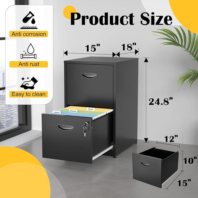 SteeLoong 2 Drawer File Cabinets,Metal Office File Cabinet with Lock,Black | Filing Cabinet for Home Office,Vertical Modern File Cabinet Office Two Drawers for Hanging Letter,Assembly Required