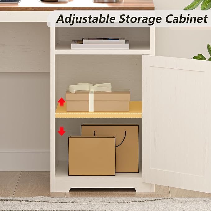 63" Farmhouse L Shaped Desk with Drawers & Printer Shelf for Home Office | Corner Computer Desk with Storage, Power Outlets, L Shaped Office Desk with Monitor Stand, Printer Shelf, Antique White