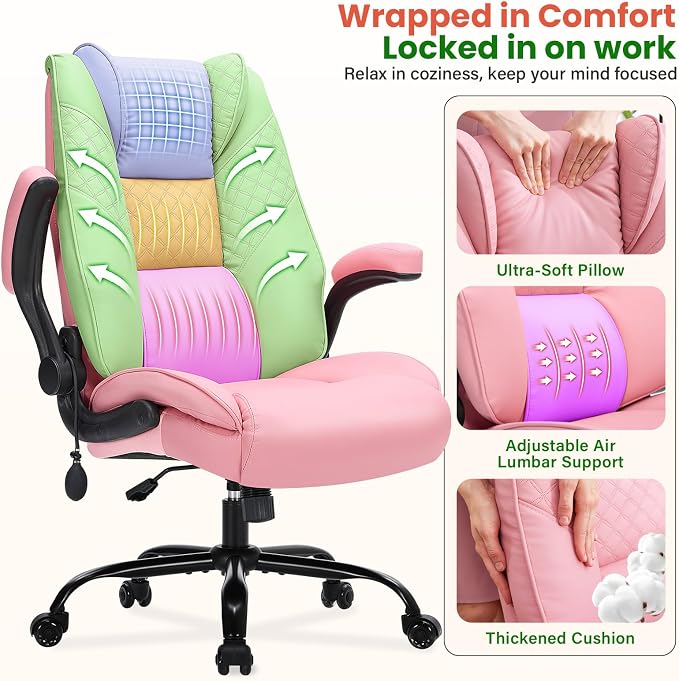 CIOMAN 500lbs Big and Tall Office Chair with Inflatable Lumbar Support, Rubber Wheels Executive Chair with Rocking Function, High Back Wide Cushion Ergonomic Desk Chair for All-Day Sitting,Pink