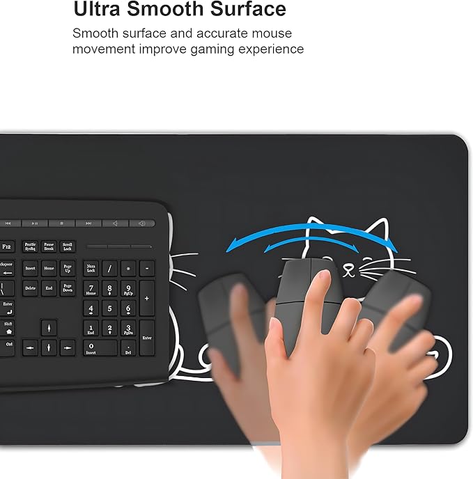 Cute Anime Black Cat Gaming Mouse Pad, Black White Minimalist Desk Mat with Anti-Slip Base & Stitched Edges, Office Supplies & Desk Decor for Women, 35.4" x 15.7" in Home Office Essentials