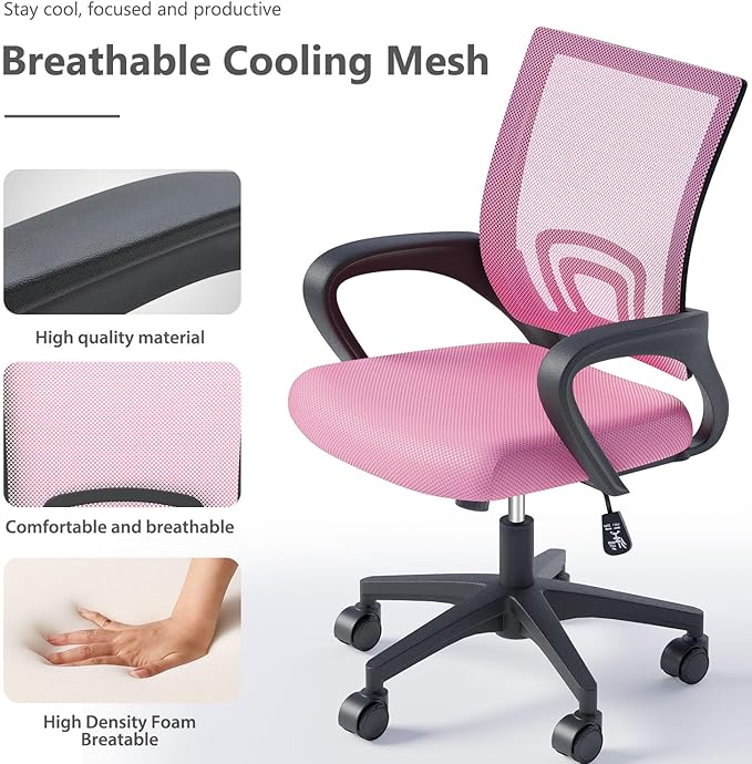 Home Office Chairs, Ergonomic Mid-Back Mesh Desk Chairs with Lumbar Support, Adjustable Swivel Rolling Design, Comfy Armrest for Work, Study, Gaming, Vanity, Pink, 2 Pack
