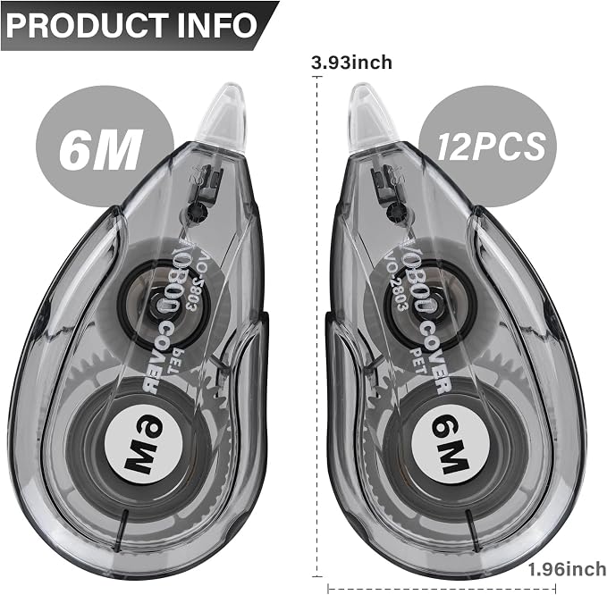 Vobou White Correction Tape Dispenser, Easy To Use Applicator for Instant Corrections, For school, Office (Black, 12pack, 6M/256, Tape Width 0.2in)