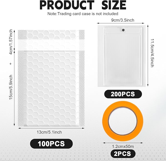 302 Pcs Trading Card Shipping Protector Set Include 200 Precut Plastic Inserts Card Mailers 100 Poly Bubble Mailers Padded Envelopes and 2 Masking Tape(White,5.1 x 5.9 Inch)