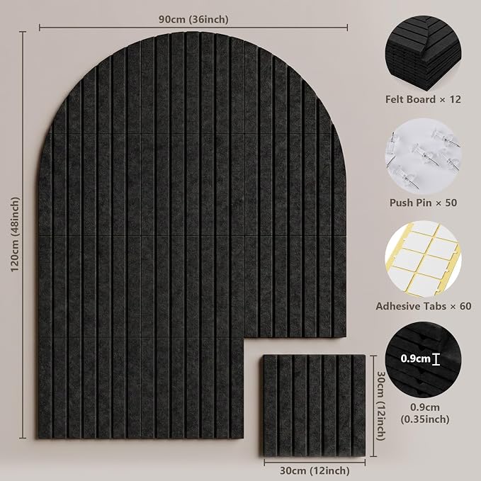 12 Pack 48"x36" Large Arched Felt Bulletin Board(Black) | Decorative Felt Pin Board with Push Pins,Adhesive Tabs,Cork Board For Walls,Vision Board for Home Office School Decor