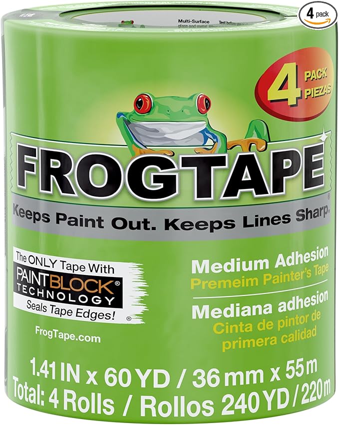 FrogTape Multi-Surface Painters Tape with PAINTBLOCK, 1.5 Inch Wide (1.41 In. x 60 Yds), Medium Adhesion, Green, 4 Rolls (240660)