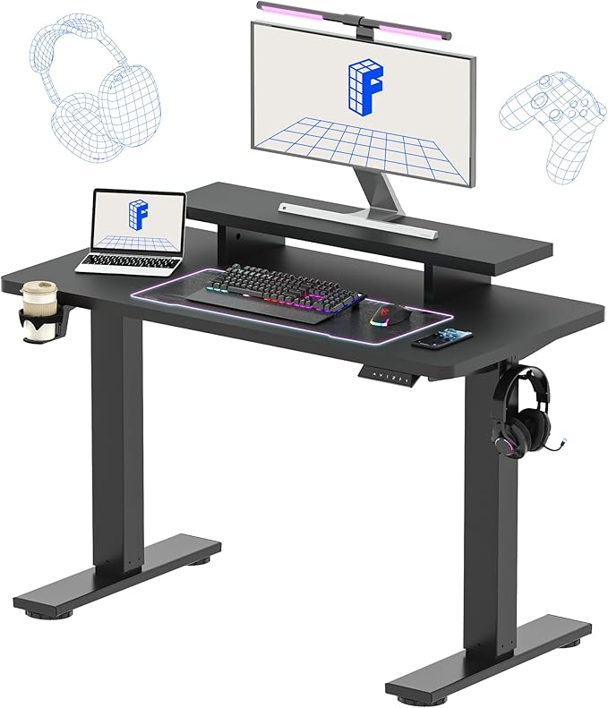 FLEXISPOT Standing Desk with Monitor Stand, 48 x 24 Inches One-Piece Electric Height Adjustable Computer Desk with Cup Holder for Home Office, Black