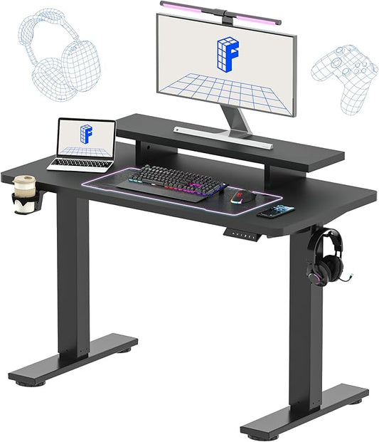 FLEXISPOT Standing Desk with Monitor Stand, 48 x 24 Inches One-Piece Electric Height Adjustable Computer Desk with Cup Holder for Home Office, Black