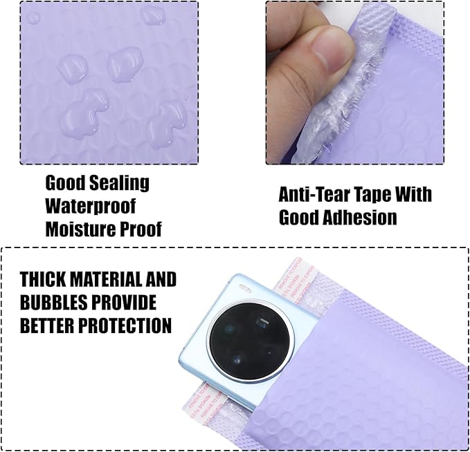 5x7 Inch Self Seal Adhesive Poly Bubble Mailers 10 Pcs Light Purple Waterproof Shipping Bags for Mailing Packaging